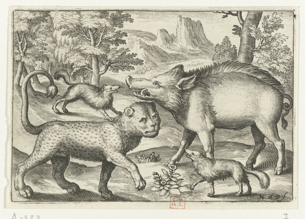 Leopar, yaban domuzu ve iki köpek Animalivm qvadrvpedvm (dizi başlığı) Manzaralardaki hayvanlar (dizi başlığı) by Nicolaes de Bruyn