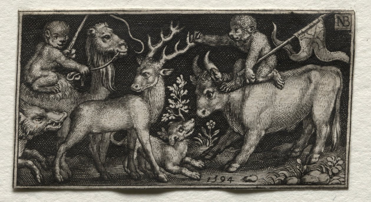 Deveye ve Boğa Binen Maymunlar, 1594. by Nicolaes de Bruyn