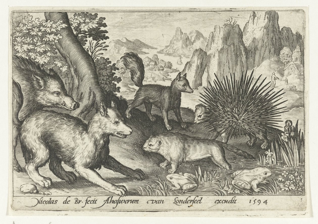 Yaban domuzu, tilki, kunduz, kirpi ve kurbağalar Animalivm qvadrvpedvm (dizi başlığı) Manzaralardaki hayvanlar (dizi başlığı) by Nicolaes de Bruyn