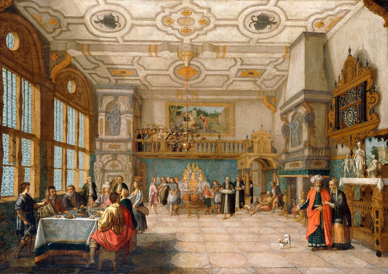 Zarif Figürlü Yemekli Bir Ziyafet Salonunun Kapısında Lazarus, 1622 by Nicolaes de Gyselaer