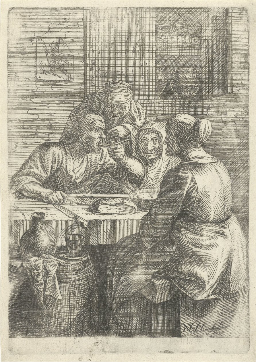 Bir masada yemek yiyen üç yaşlı kadın by Nicolaes van Haeften