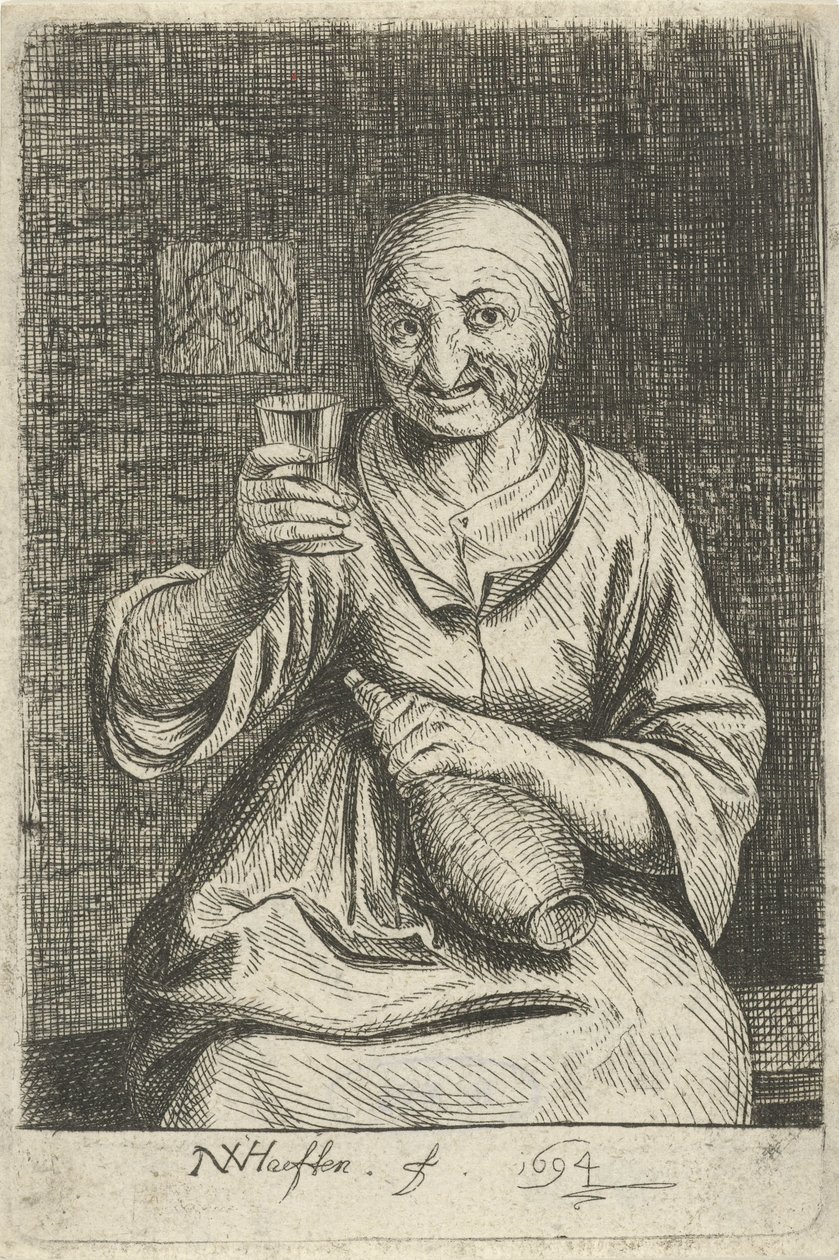 Cam ve sürahi ile yaşlı kadın by Nicolaes van Haeften