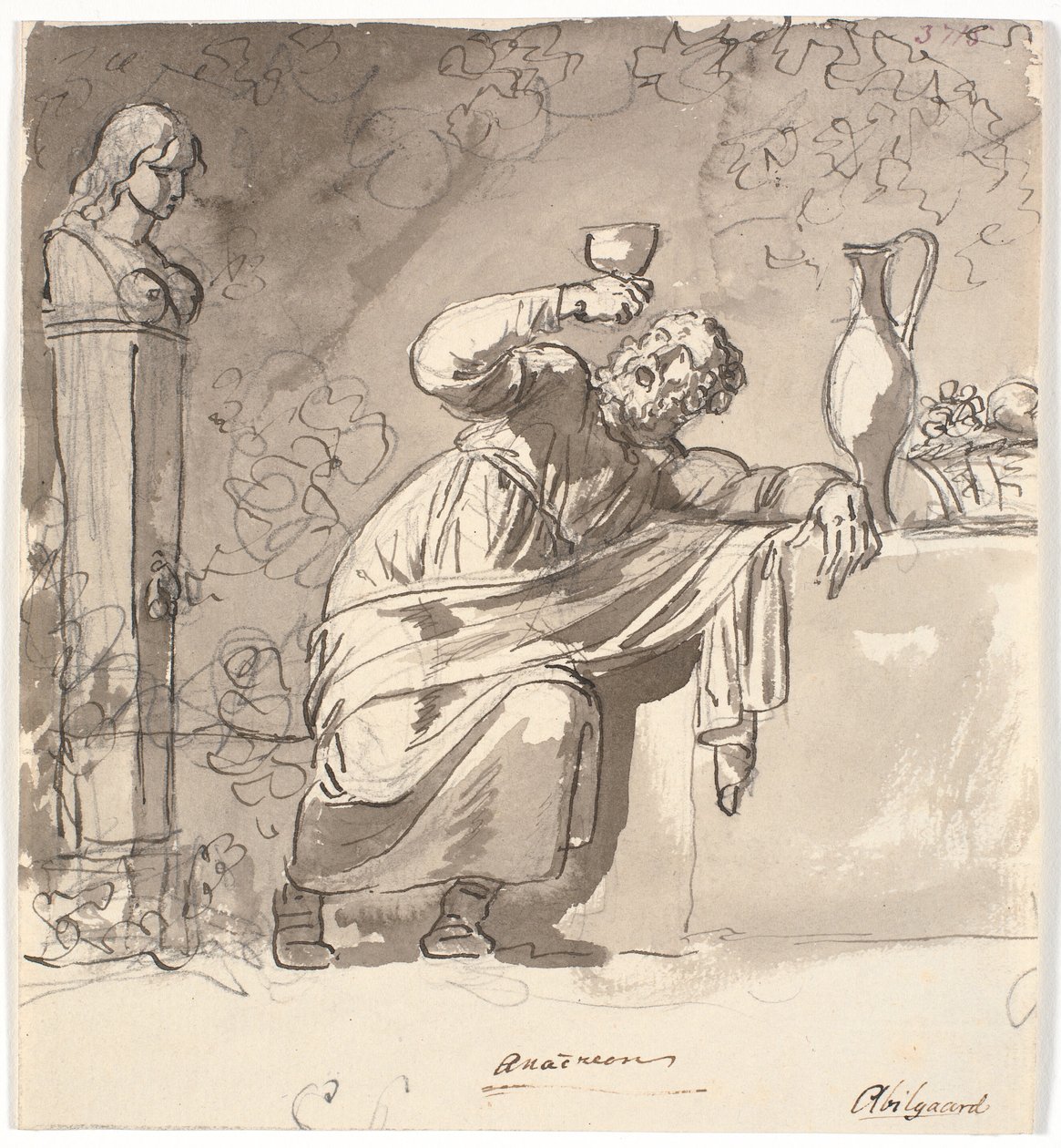 Anacreon, elinde kadehi kaldırılmış bir masaya yaslanmış by Nicolai Abildgaard