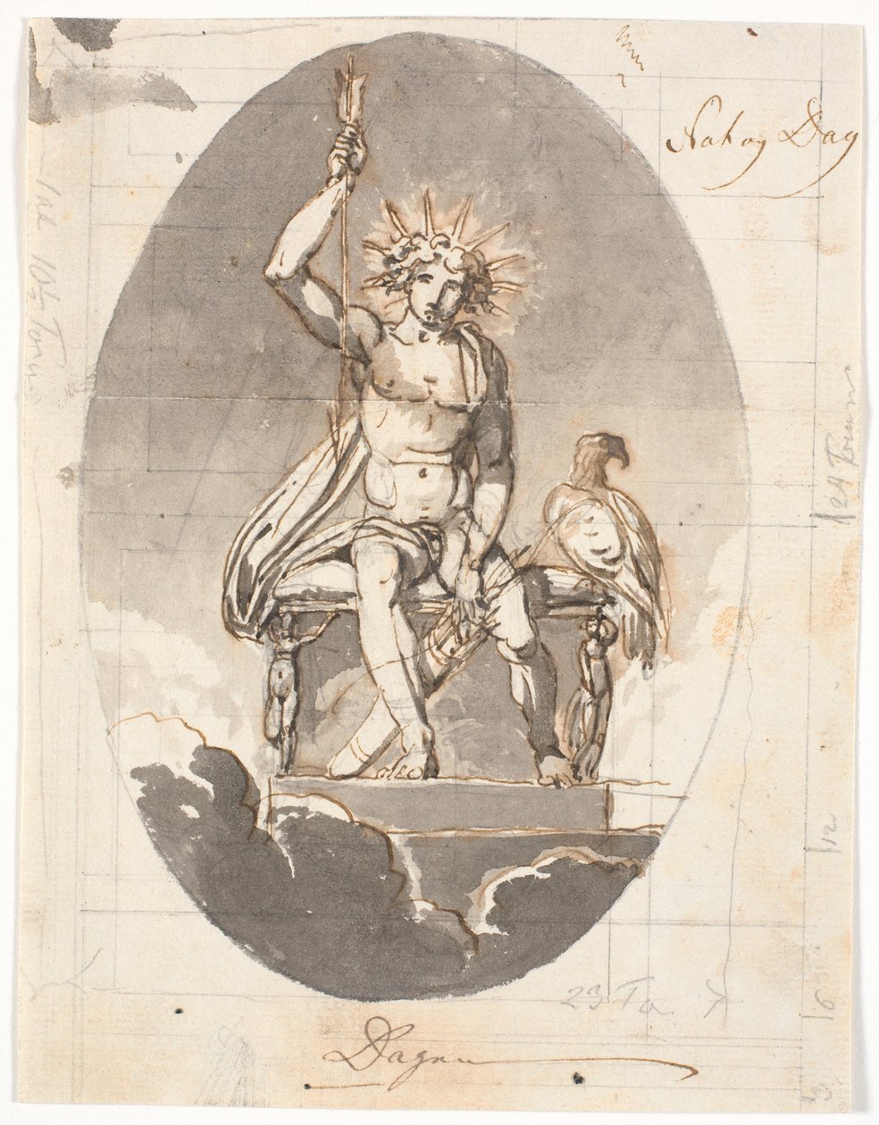 Gün, parlak hale ve oklarla oturan adam by Nicolai Abildgaard