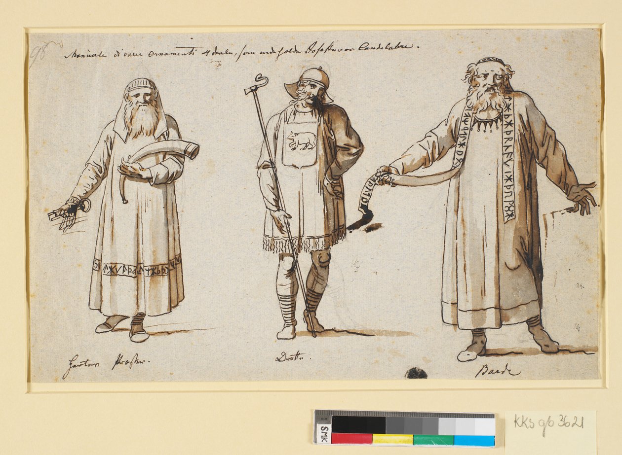 Takım elbise çalışmaları. Muhtemelen tiyatroya. Üç figür, bir Herta rahibi, bir drot ve bir ozan by Nicolai Abildgaard