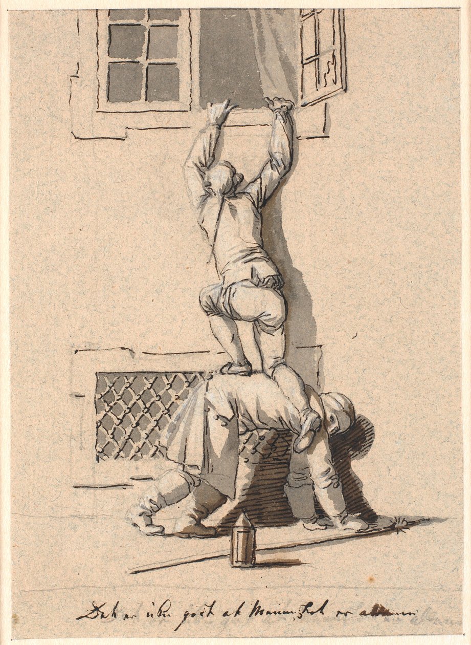 Bir gardiyan, bir beyefendinin pencereden içeri girmesine yardım eder. by Nicolai Abildgaard