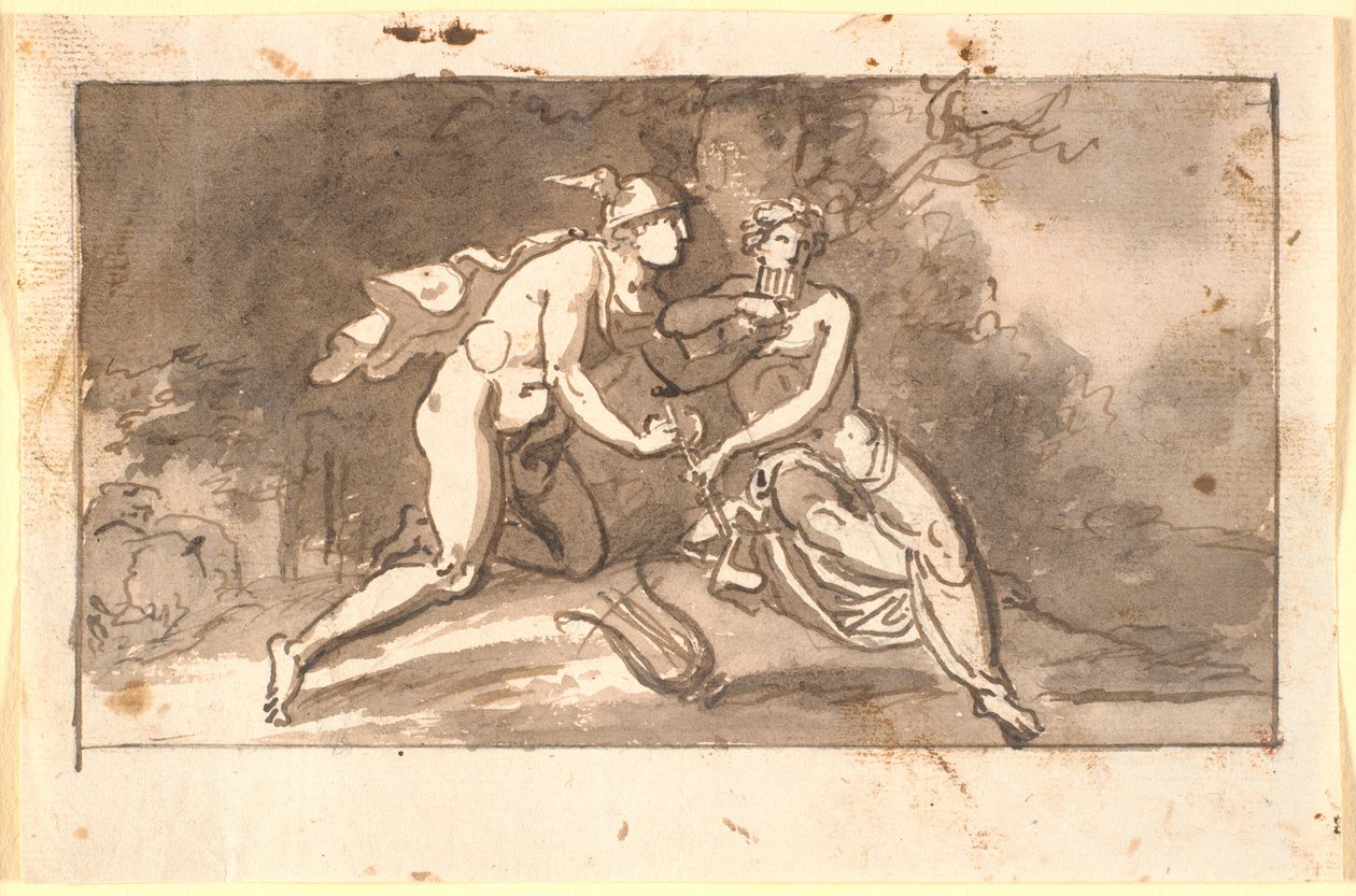 Hermes genç bir adama (Apollo?) Flüt çalmayı öğretir. by Nicolai Abildgaard