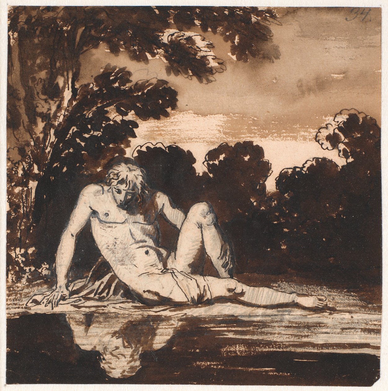 Hyachinthos, Apollon'un gençliği, Narcissus, dere kenarında dinlenirken by Nicolai Abildgaard