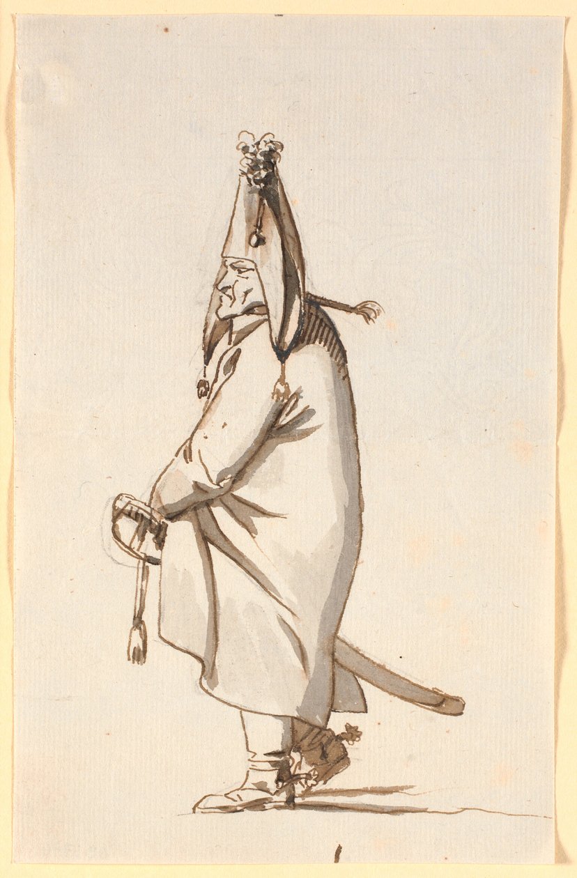 Uzun pelerinli, kılıcına horoz atı gibi binen askeri bir adamın karikatürü by Nicolai Abildgaard