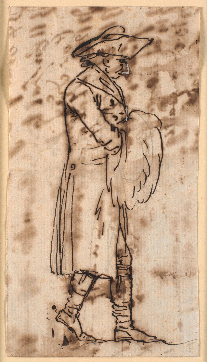 Elleri kolda yürüyen bir adamın karikatürü, profil t.h. by Nicolai Abildgaard