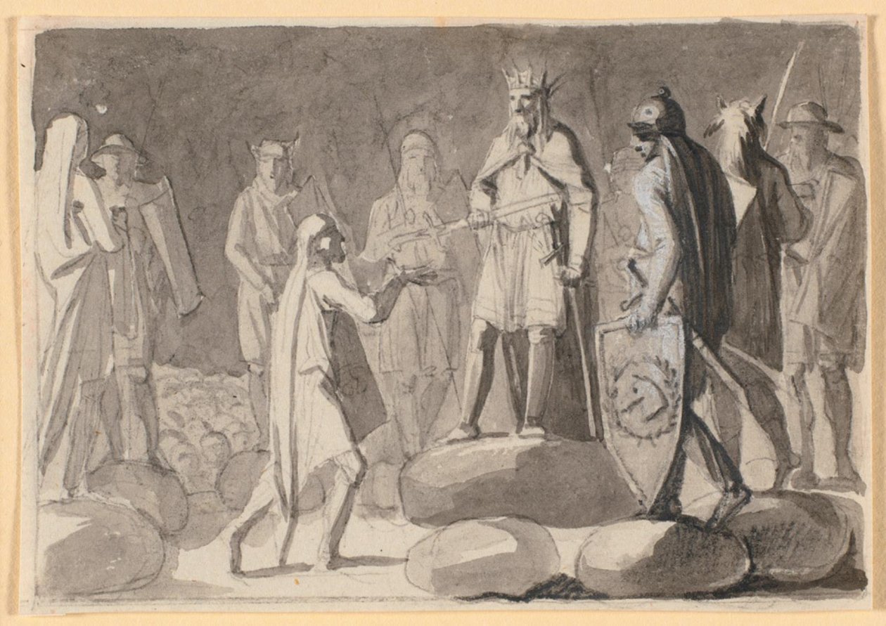 Kompozisyon Taslağı; adliyede savaşçılarla çevrili bir kral bir adama şövalyenin kılıcını verir by Nicolai Abildgaard