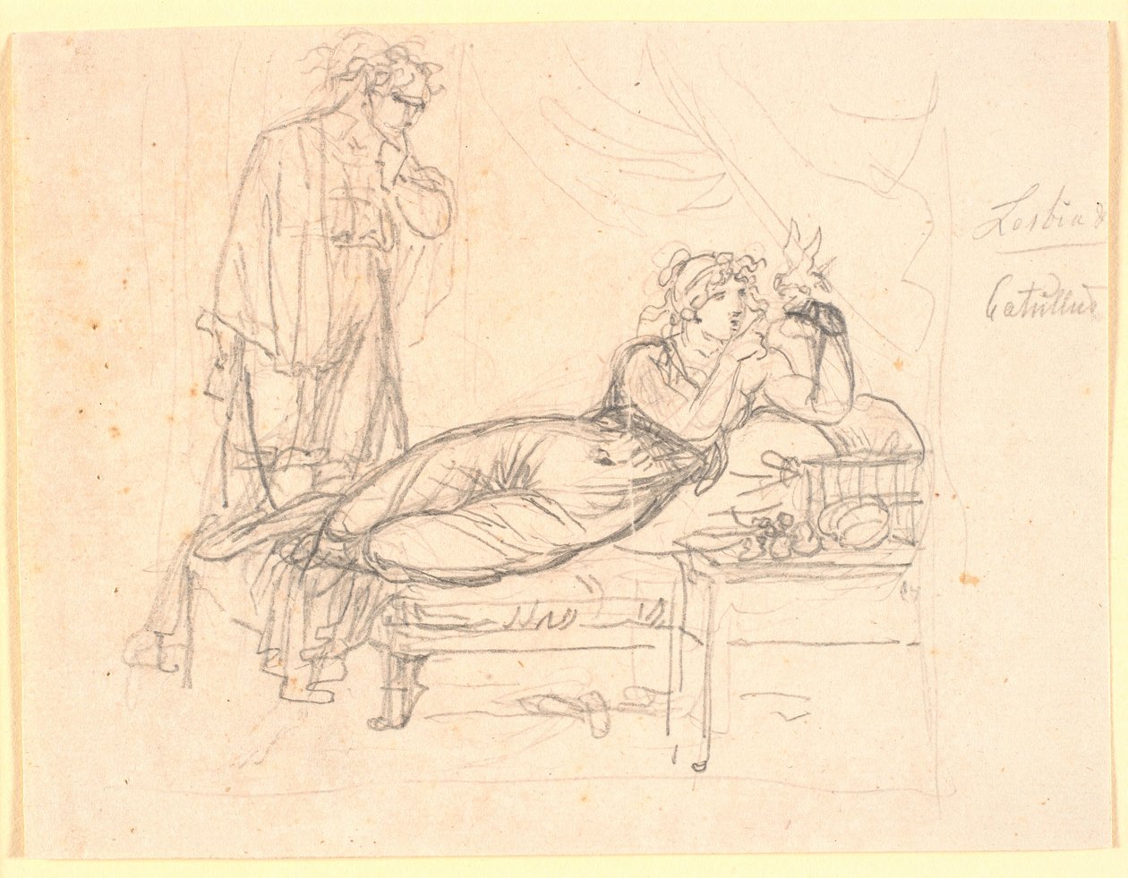 Lesbia ve Catullus. Lesbia yalan söylüyor, sol elinde bir kuş tutuyor. Catullus arkasında duruyor by Nicolai Abildgaard