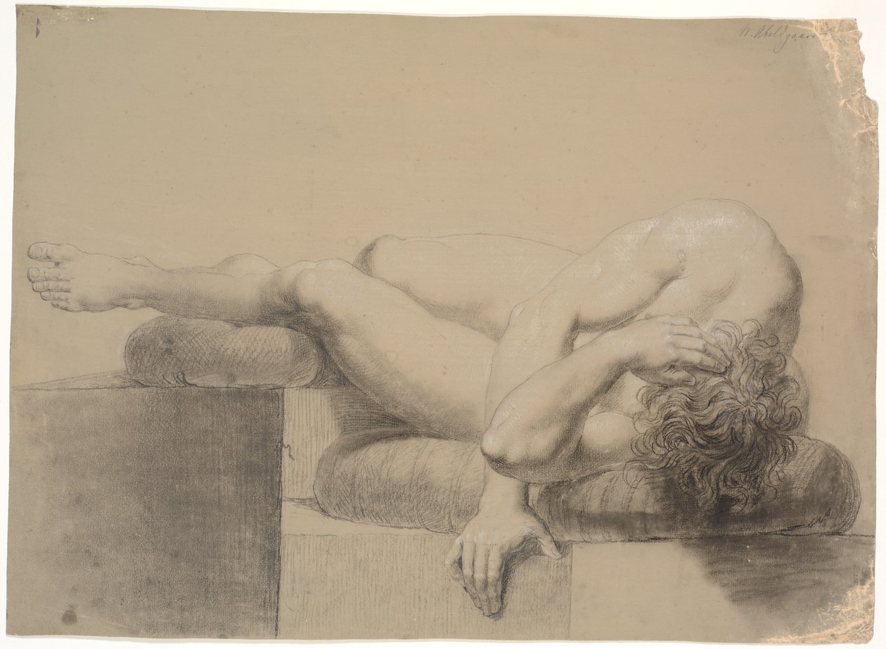 Yatay model. Sola. Baş ve üst vücut bir yastığa yaslanır, bacaklar kaldırılır ve sol bacak başka bir yastığa yaslanır by Nicolai Abildgaard