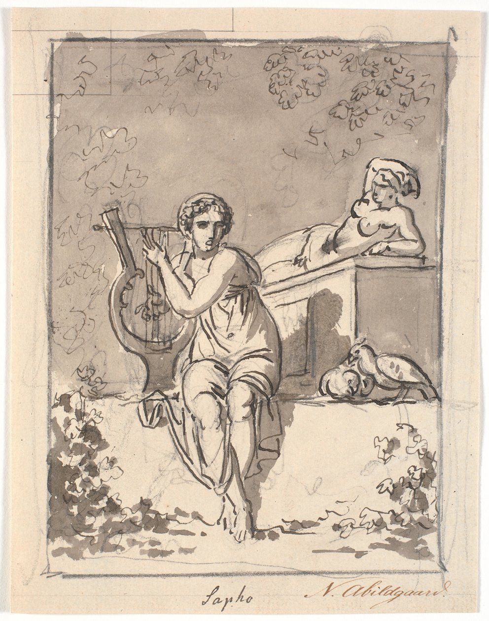 Sappho, liriyle oturuyor, arka planda bir hermafrodit duruyor by Nicolai Abildgaard