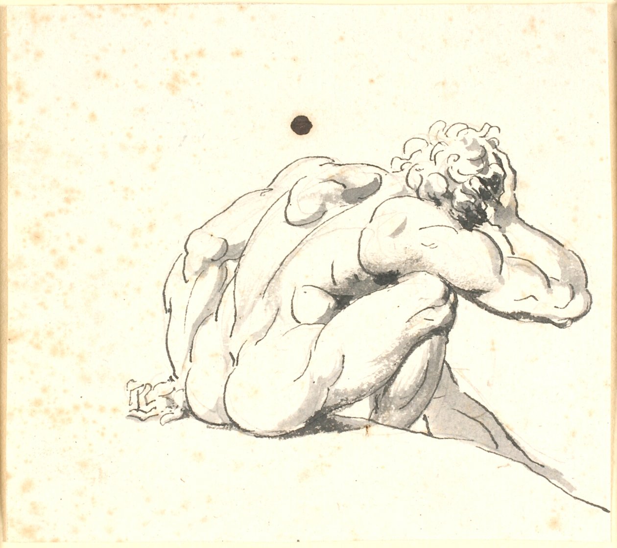 Oturan adam öne eğildi, sağ eli kafasına arkadan görüldü by Nicolai Abildgaard