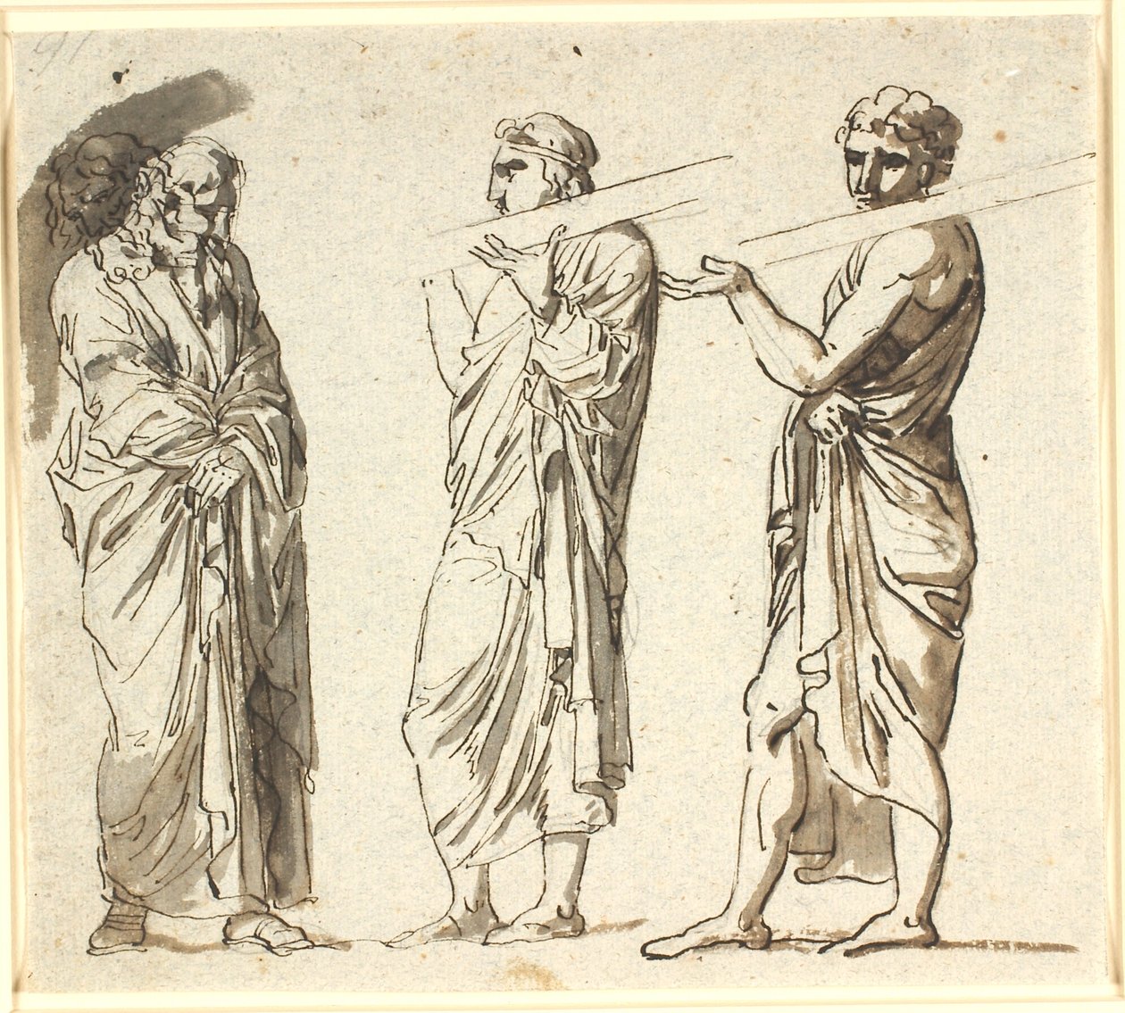 Ayakta duran üç adam, ikisi daha genç, her biri omzunda bir tahta taşıyor, üçüncüsü daha yaşlı, dalgın bir pozisyonda by Nicolai Abildgaard