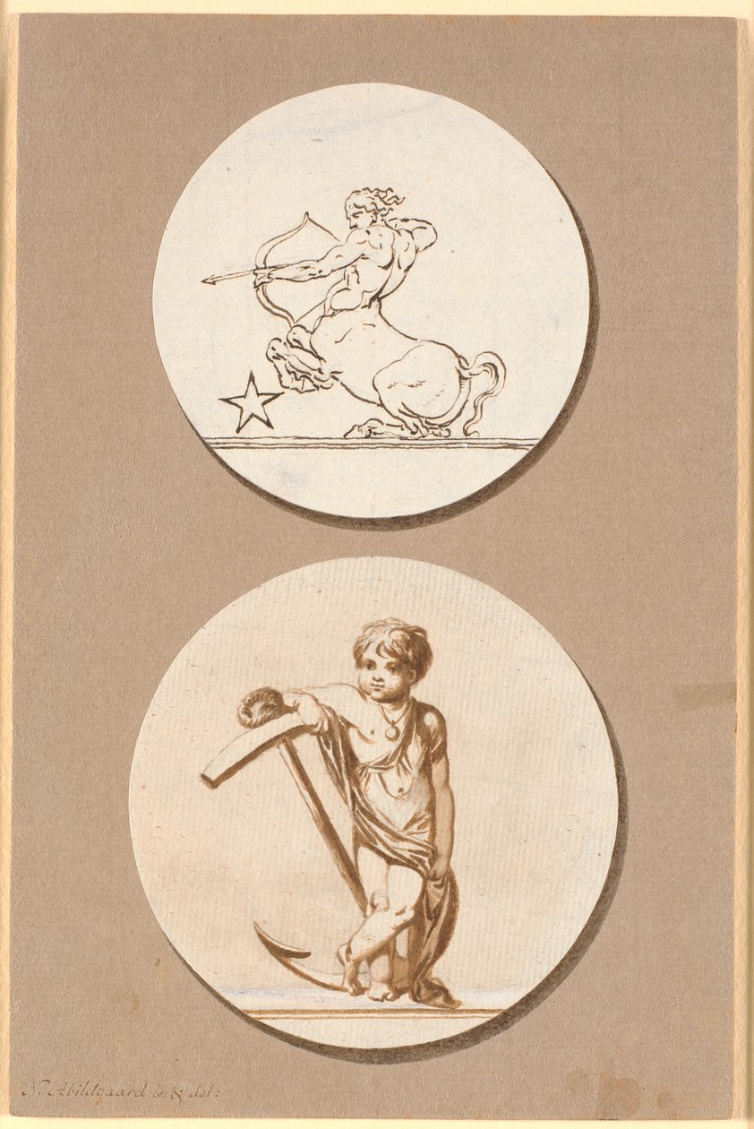 Üstte bir okçu centaur, altta bir çapa tarafından desteklenen küçük bir çocuk olan iki dairesel kabartmanın taslağı by Nicolai Abildgaard