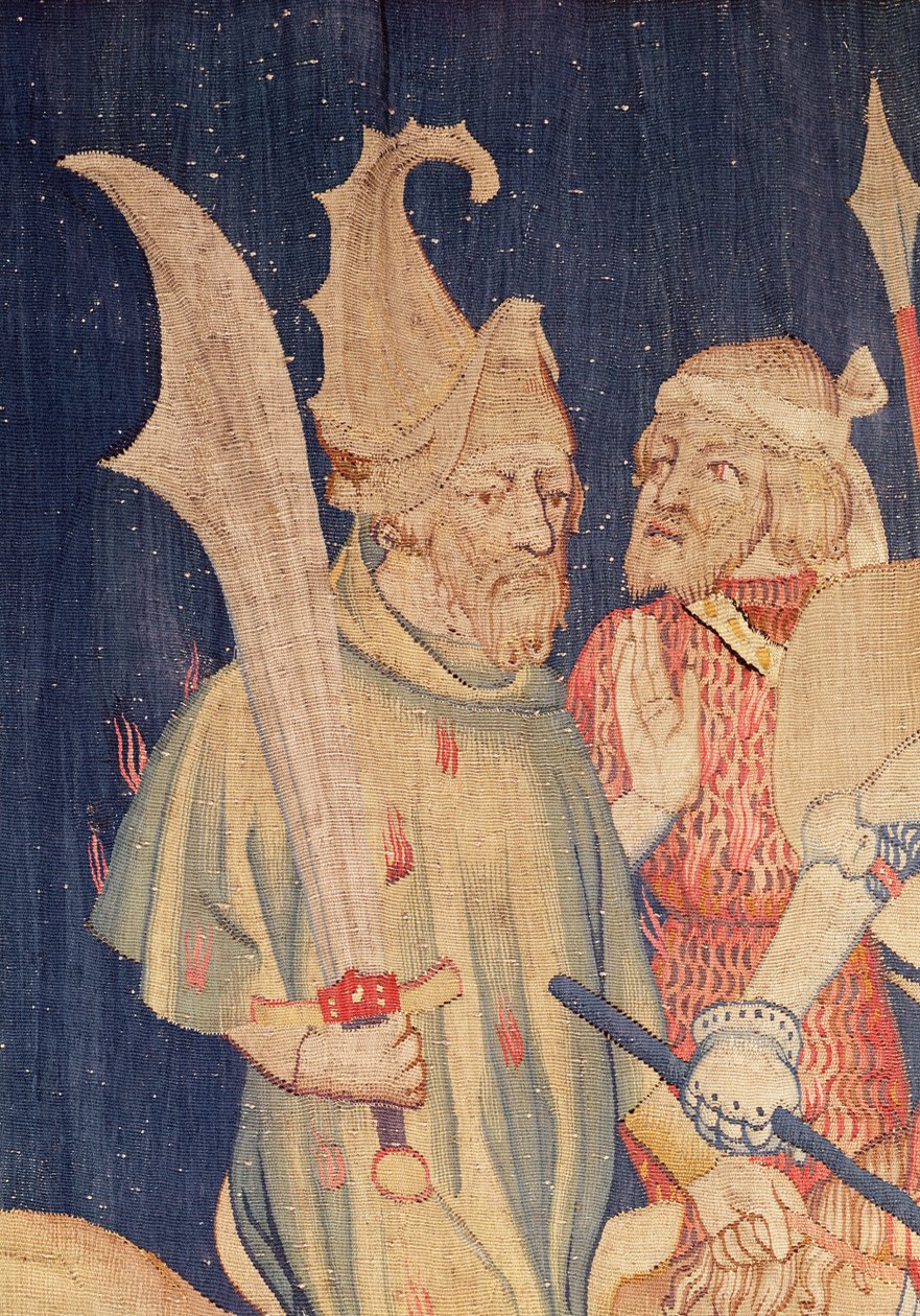 Apocalypse Goblen of Angers, 1373-87 goblenlerinden Aslanların Sayısızlarından bir süvari detayı by Nicolas Bataille