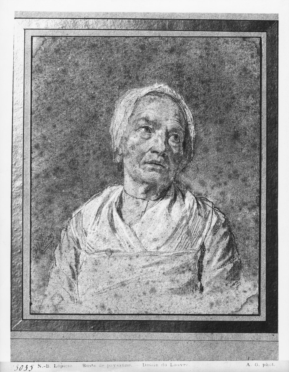 Başı kaldırılmış yaşlı bir kadın büstü (gri kağıt üzerinde pierre noire ve beyaz vurgular) by Nicolas Bernard Lepicie