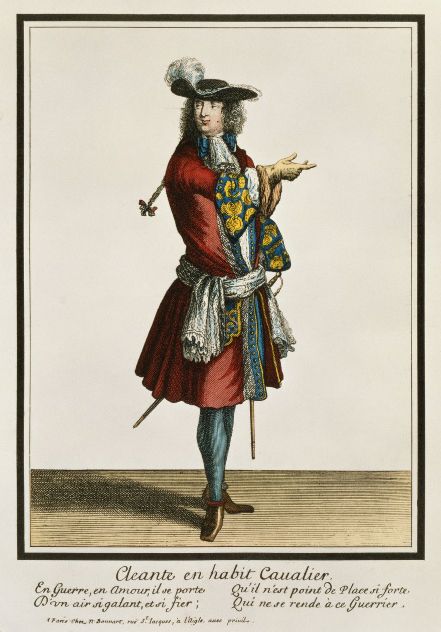 Bir Şövalye Kıyafeti giymiş Cleante, moda levhası, c.1695 by Nicolas Bonnart