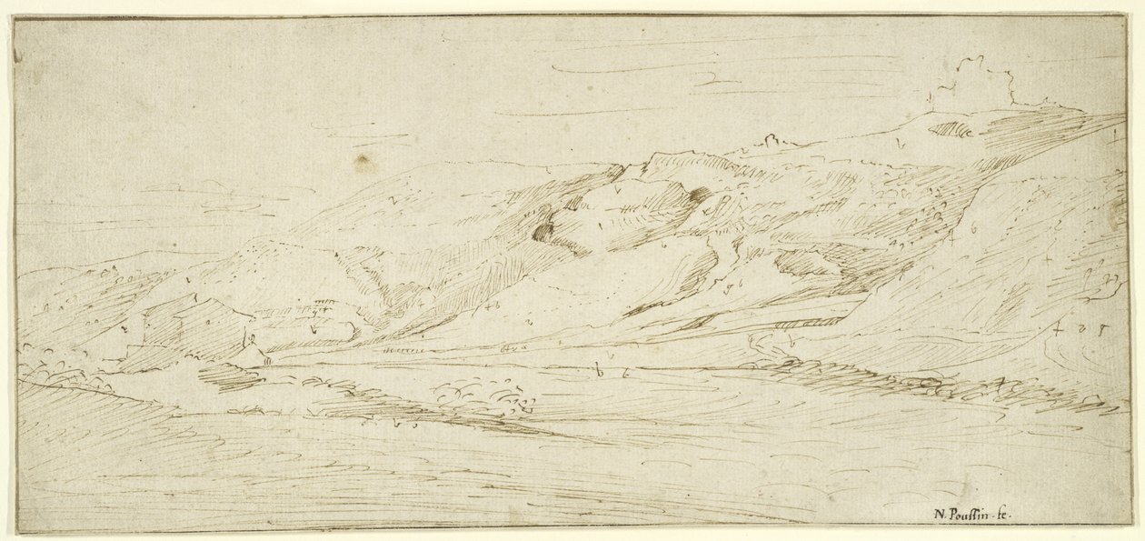 İki ev ile Dağlık Manzara (kağıt üzerinde yıkama ile kalem ve mürekkep) by Nicolas Poussin