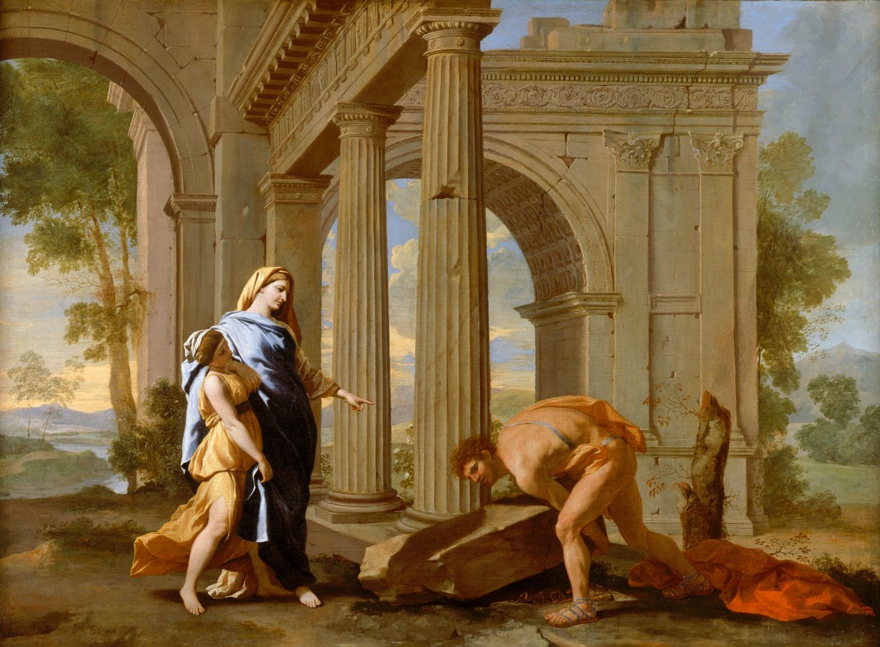 Theseus babasının kılıcını bulur. by Nicolas Poussin