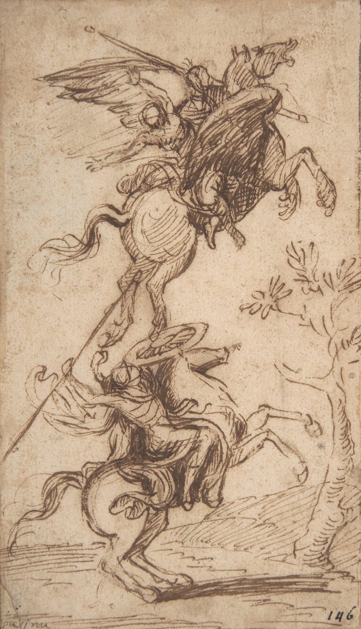 Büyücü Atlante Kaçıran Pinabellos Hanımı (Ariosto, Orlando Furioso, canto II, 38), c.1635-38 (kalem ve kahverengi mürekkep) by Nicolas Poussin