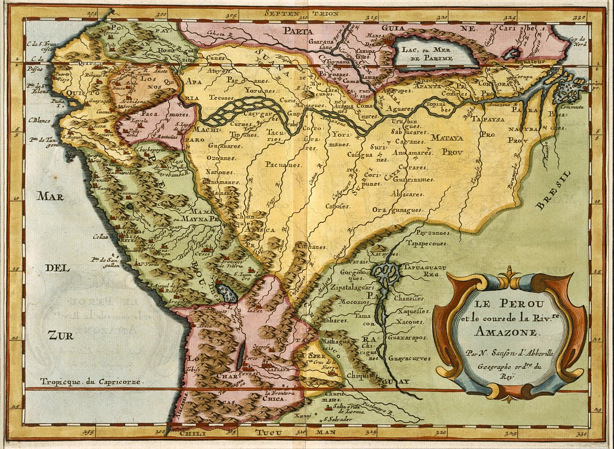 Amazon Havzası Haritası, 1680 (el renkli gravür) by Nicolas Sanson