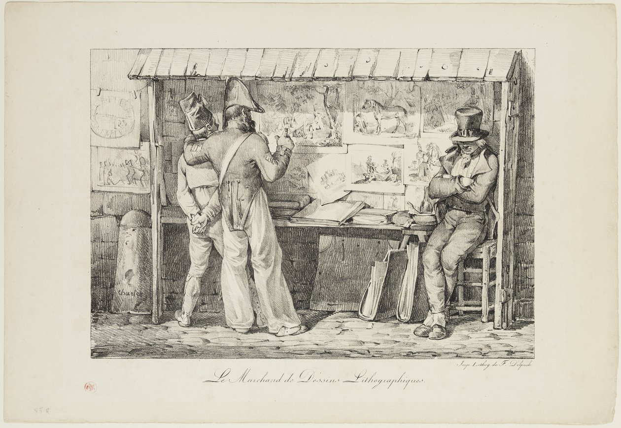 Le Marchand de dessins litografileri, 1818 ve 1819 arasında (dokuma kağıt üzerine siyah mürekkeple basılmış lito) by Nicolas Toussaint Charlet