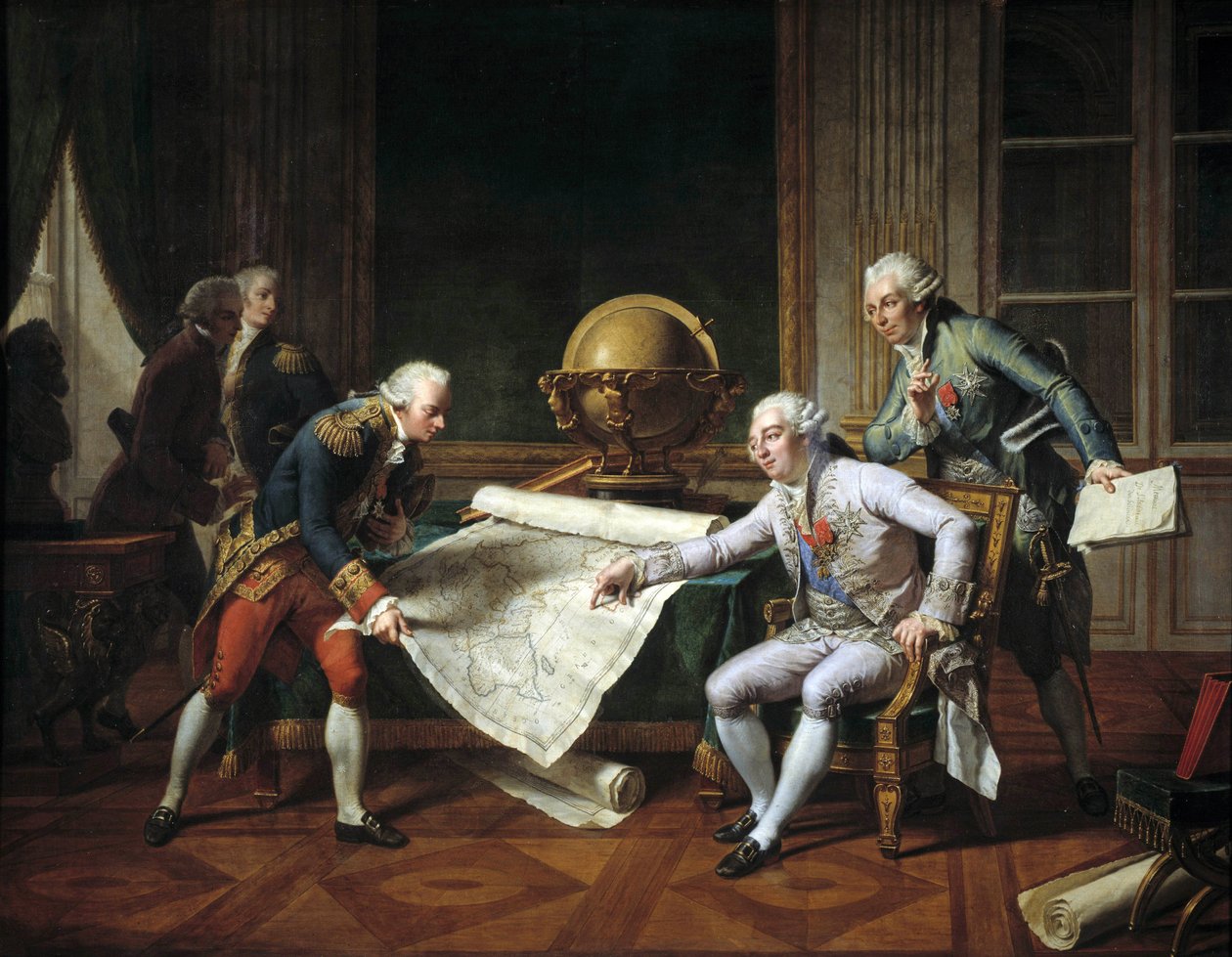 Louis XVI (1754-1793), Fransa Kralı, La Perouse Kontu Jean-Francois Galaup'a (Jean Francois Laperouse) talimat veriyor. by Nicolas Andre Monsiau