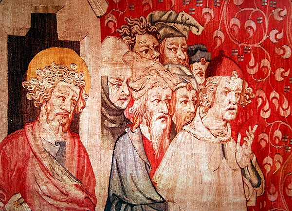 "Öfkelerin Kıyameti"nden İşkencelerini Öngören Meleği Dinleyen Adamların Detayı, 1373-87 by Nicolas Bataille