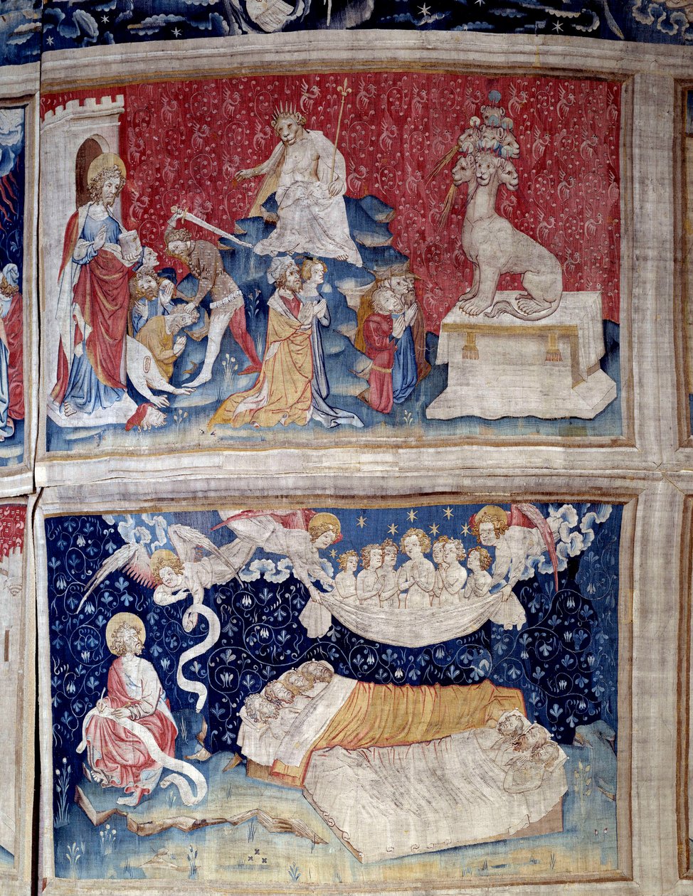 Hanging of Revelation (1373-1383). N. 44 high: the bete has seven heads. N. 51 low: The sleep of the righteous. Tapestry by Nicolas Bataille (1330-1405) by Nicolas Bataille