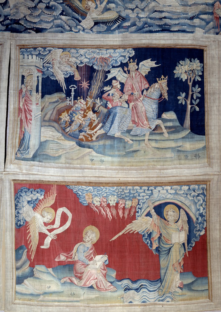 Vahyin Asılması (1373-1383), n. 24: beşinci trompet: bir anahtar çekirgeleri serbest bırakır. Aşağıda, n. 27, kitaptaki Melek, ilahi mesajı yedi tonerin sesine çeviren Aziz John