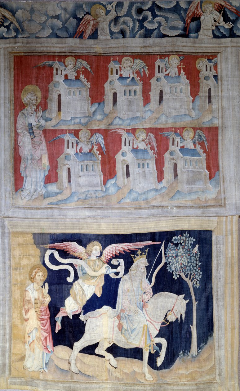 Vahyin Asılması (1373-1383), n. 28: Saint John a Patmos ve Asya ve altındaki yedi kilise İlk mühür: Beyaz atlı kazanan. Nicolas Bataille