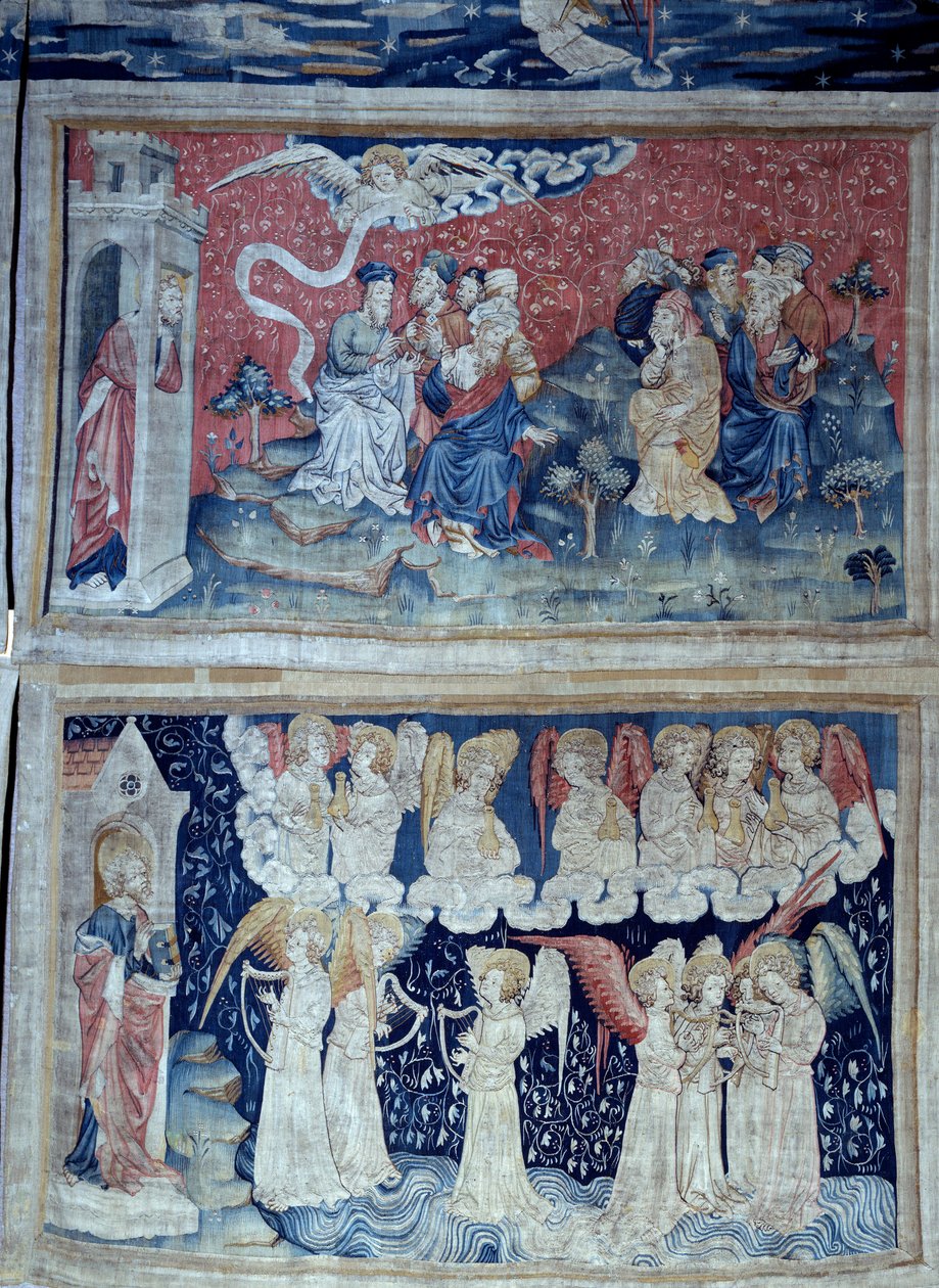 Vahyin Asılması (1373-1383), n. 49: İlk melek zaferi ilan eder. Aşağıda, n. 56, yedi melek, Tanrı