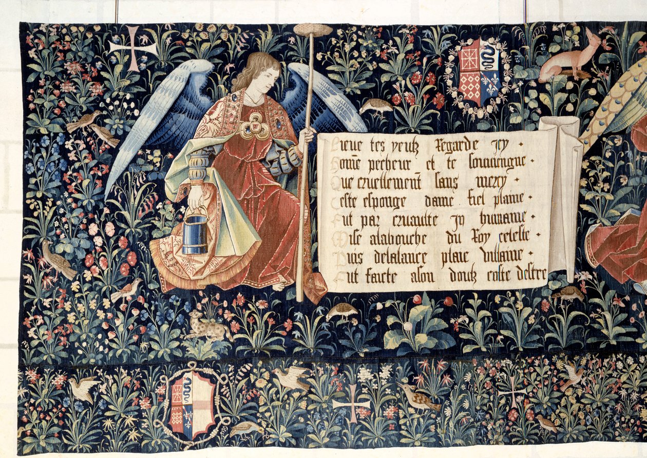 Vahiyin Asılması (1373-1383), Tutkunun aletlerini taşıyan melekler. Nicolas Bataille