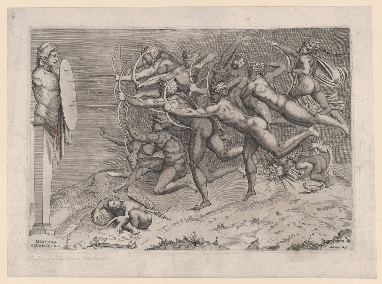 Bir herme bağlı bir hedefe ateş eden çıplak okçular, Aşk tanrısı aşağıda uyuyor, muhtemelen..., yakl. 1540-60. by Nicolas Beatrizet
