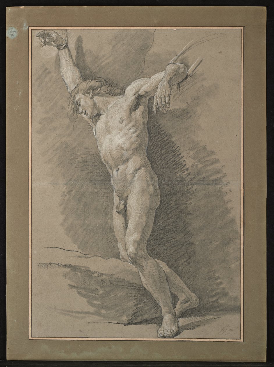 Çıplak adam Akademisi, iplerle bağlanmış kollar (gri kağıt üzerinde siyah beyaz tebeşir) by Nicolas Bernard Lepicie