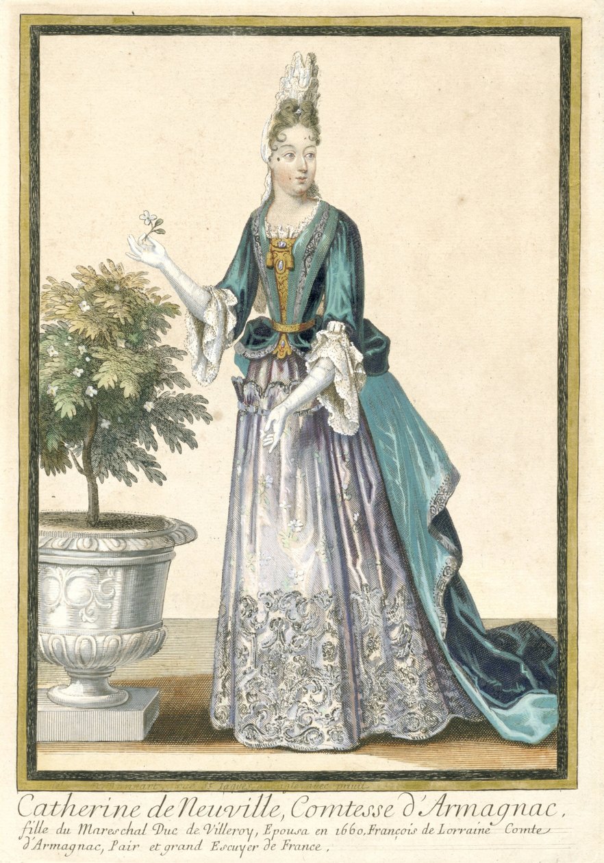 Fransız Modasını Yayan Fransız Baskıları: Armagnac Kontesi Catherine de Neuville'in Portresi, Armagnac Kontesi Catherine de Neuville, yaklaşık Fransız modasına göre giyinmiş. 1685 by Nicolas Bonnart (fils)