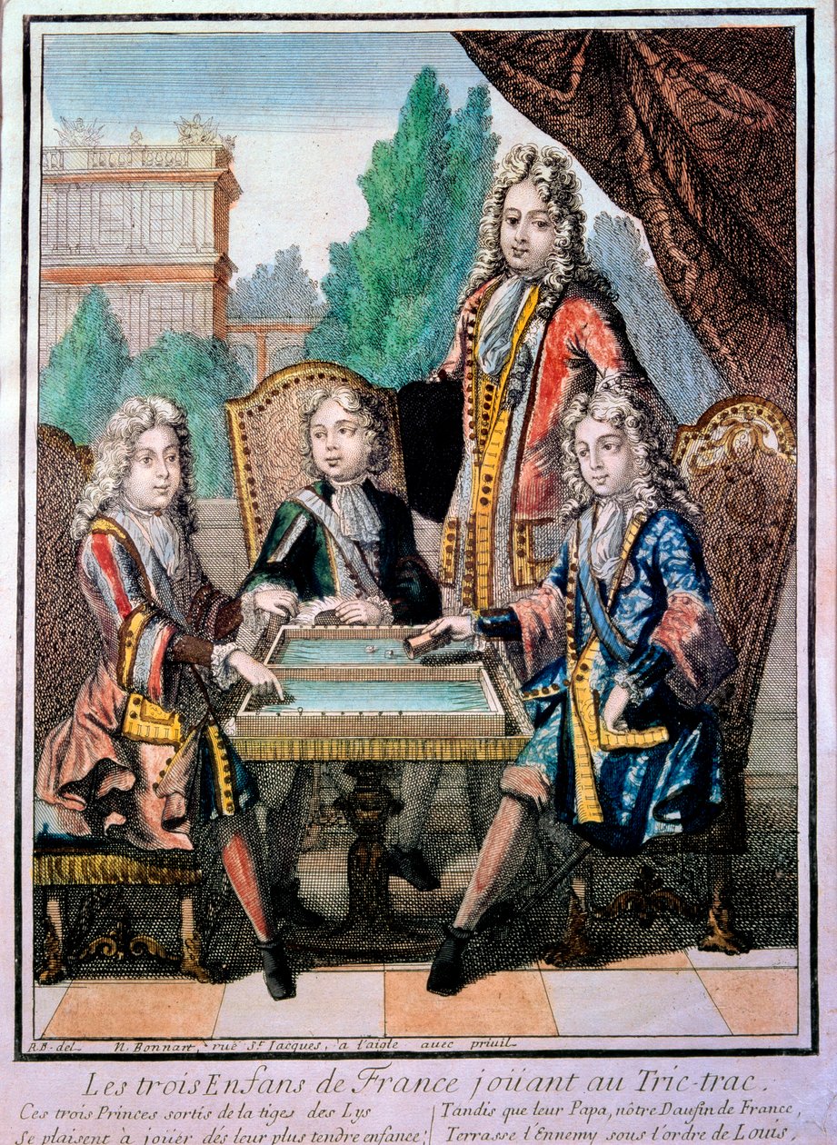 Louis XIV (1638-1715), Louis Burgonya Dükü (ö. 1712), Philippe, Anjou Dükü (1683-1746) ve Charles, Berry Dükü ile babaları Louis (ö. 1711), yunus ile torunları Fransa