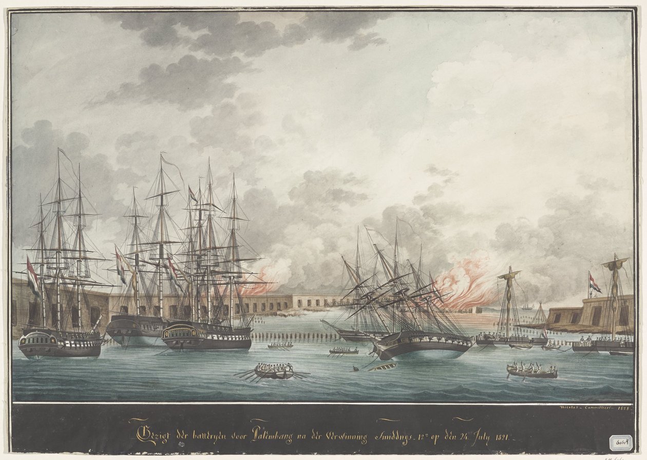 Öğleden sonra Zaferden sonra Palembang için pillerin görünümü - öğlen 12. 24 Temmuz 1821 (nesnedeki başlık) by Nicolas Cammillieri