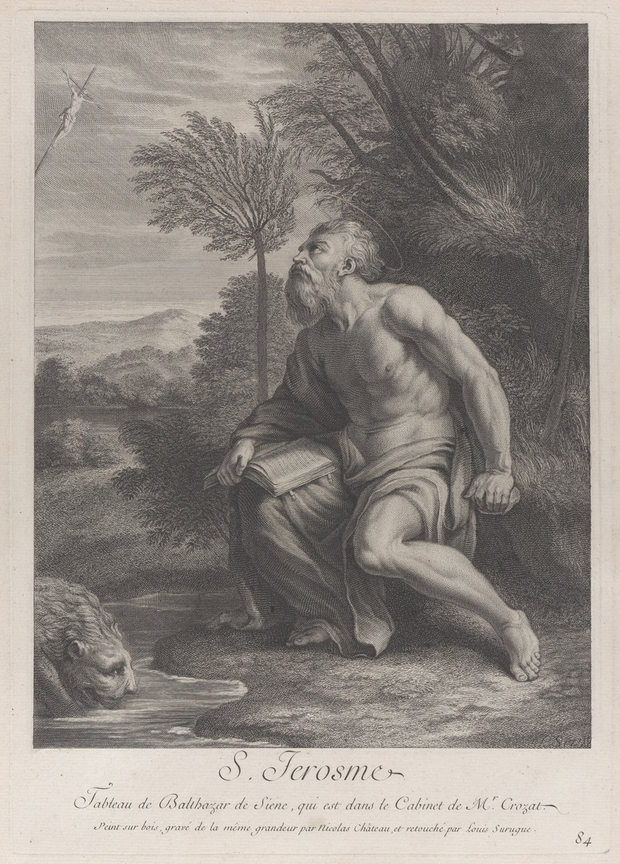 Aziz Jerome bir ağacın yanında oturmuş bir haça bakıyor, bir dereden su içen bir aslan..., 1728 by Nicolas Chateau