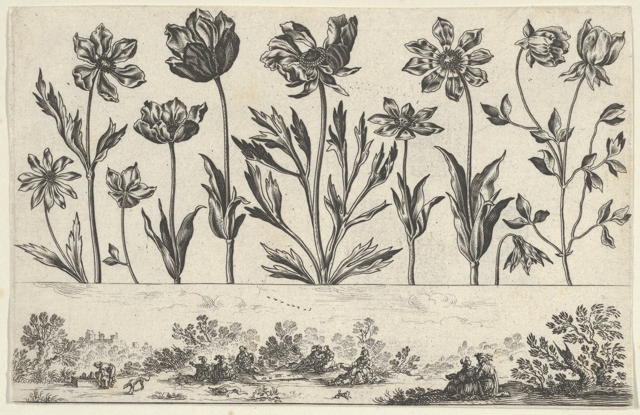 Bir Peyzajda Figürlerle Bir Frizin Üzerinde Bir Sıra Çiçekle Yatay Panel, Li..., 1645. by Nicolas Cochin