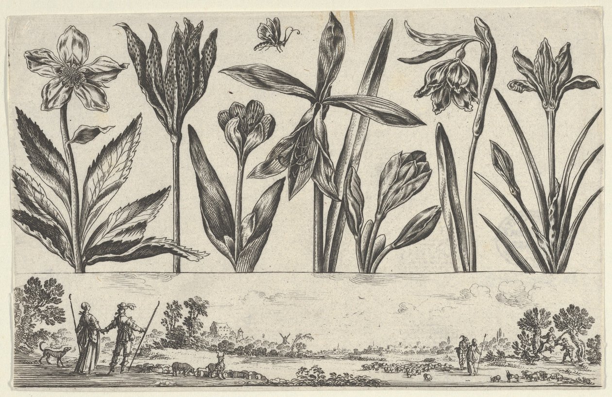 Bir Peyzajda Figürlerle Bir Frizin Üzerinde Bir Sıra Çiçekle Yatay Panel, Li..., 1645. by Nicolas Cochin
