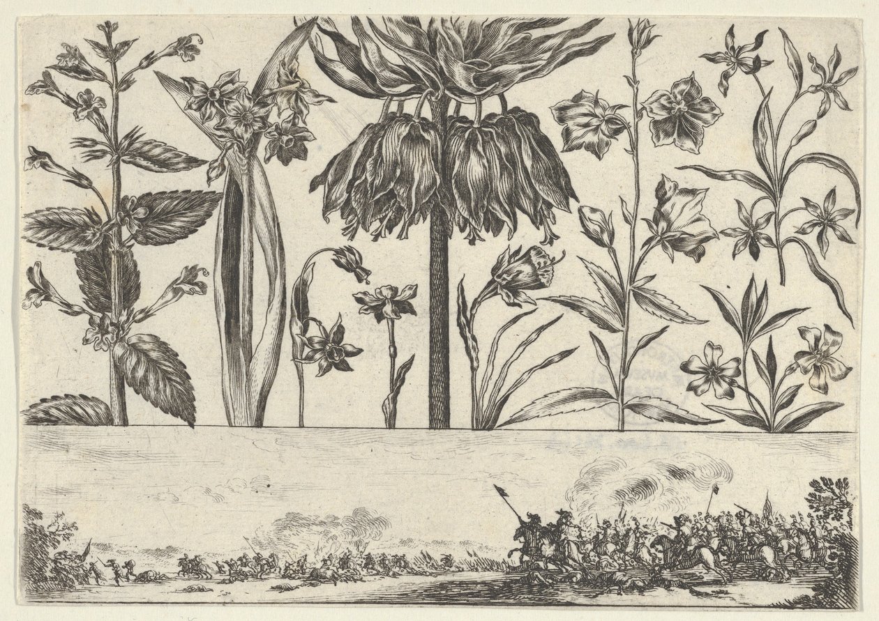 Bir Peyzajda Bir Savaş Sahnesi ile Bir Frizin Üzerinde Bir Sıra Çiçekle Yatay Panel, ..., 1645. by Nicolas Cochin