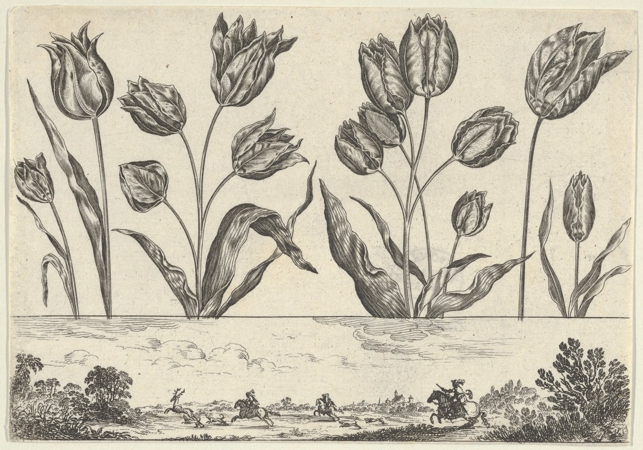 Bir Peyzajda Avlanma Sahnesi ile Frizin Üzerinde Bir Sıra Çiçekten Oluşan Yatay Panel,..., 1645. by Nicolas Cochin
