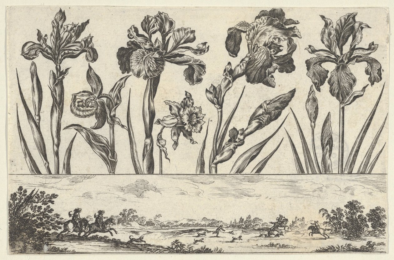 Bir Peyzajda Avlanma Sahnesi ile Frizin Üzerinde Bir Sıra Çiçekten Oluşan Yatay Panel,..., 1645. by Nicolas Cochin
