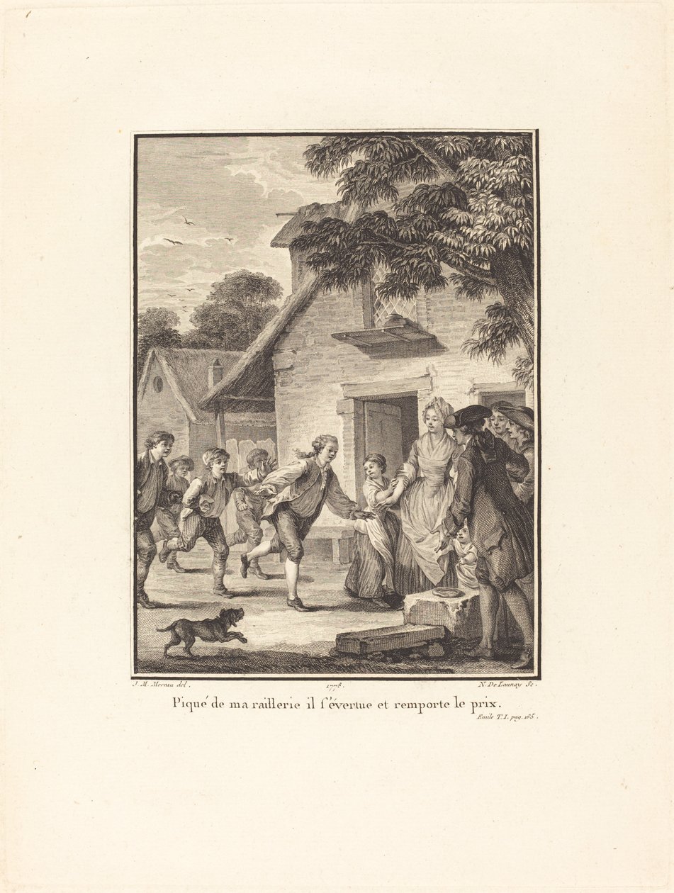 Alay etmem tarafından sokuldu, çabalıyor ve ödülü kazanıyor by Nicolas Delaunay after Jean Michel Moreau