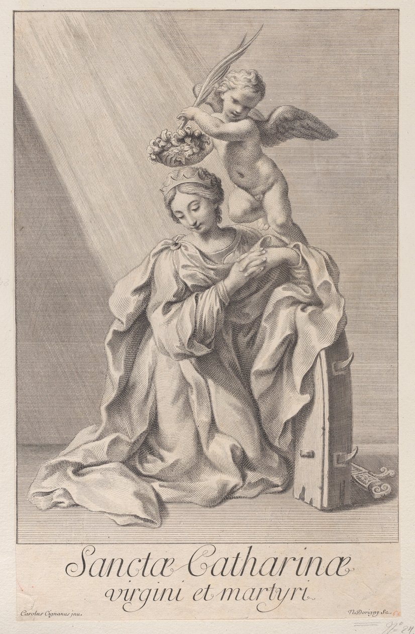 İskenderiyeli Aziz Catherine, dirseği çivili tekerleğe dayayarak diz çökmüş ve..., 1698. by Nicolas Dorigny