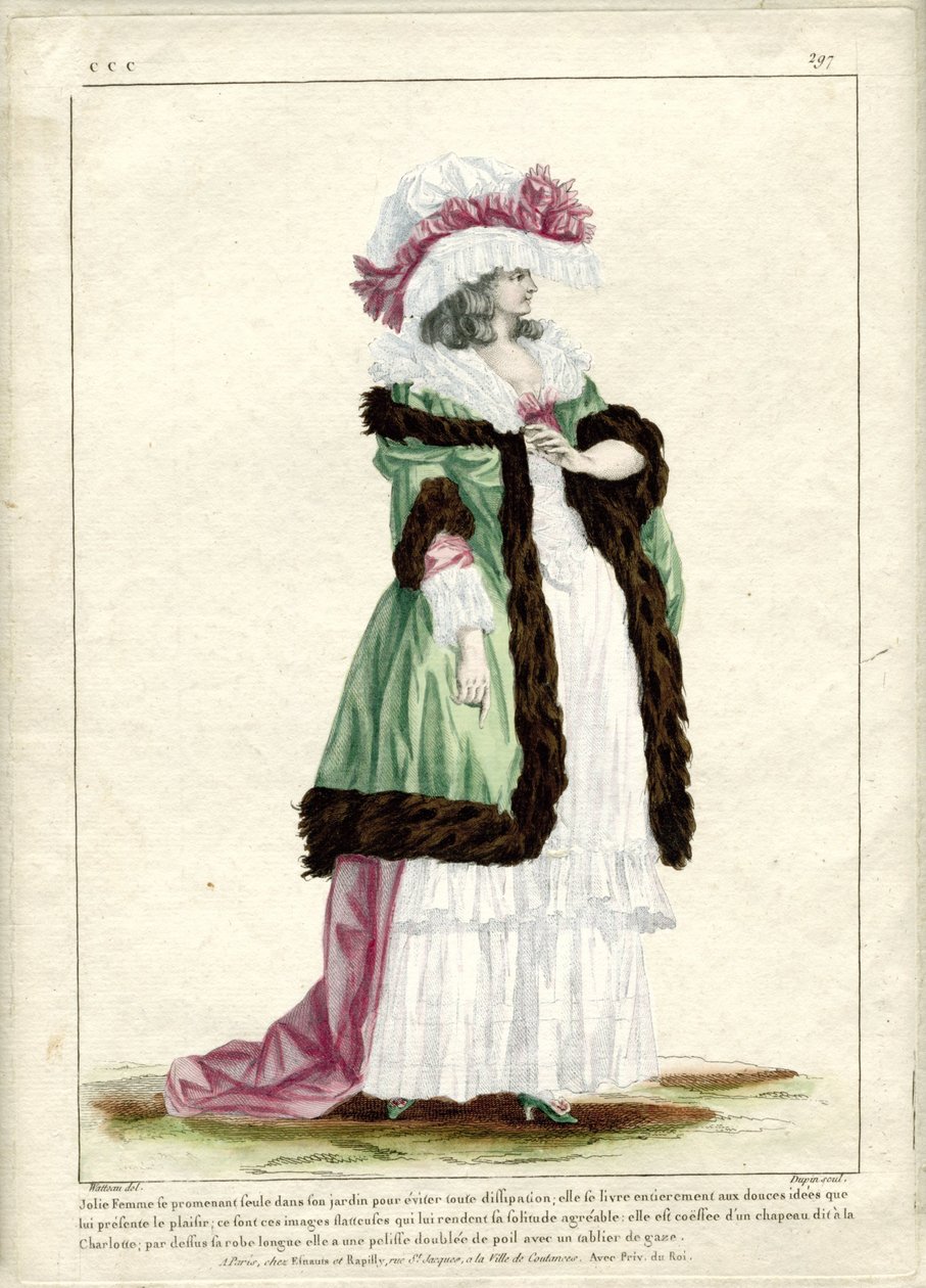Gallerie des Modes et Costumes Francais, 1785, CCC 297: Yalnız yürüyen güzel kadın... by Nicolas Dupin